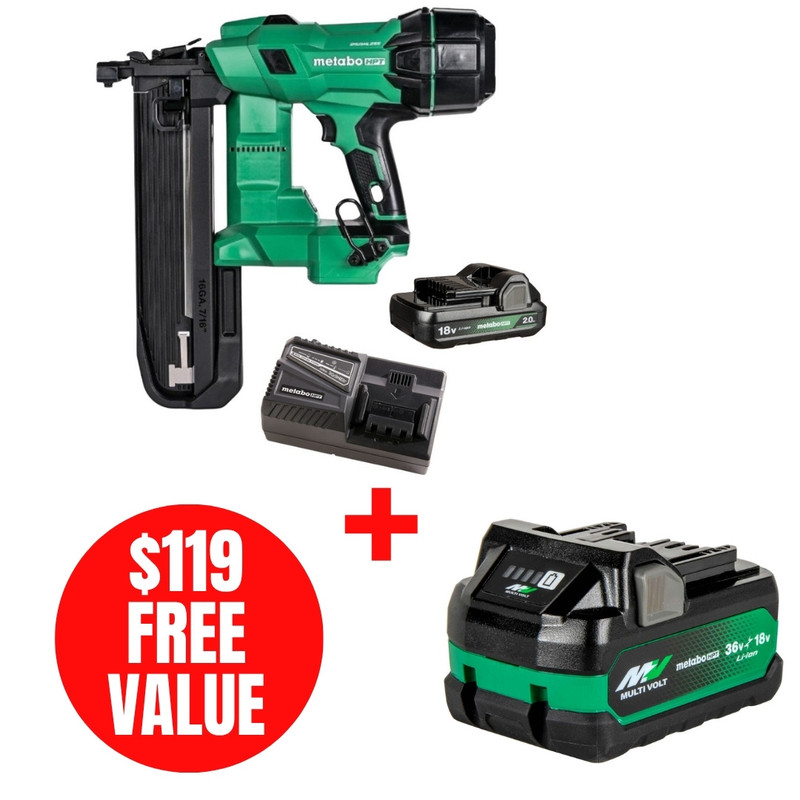 Metabo HPT HPT-N1808DAM-380083M N1808DA 18V MultiVolt 16 Ga 7/16in Medium Crown Stapler + Starter Kit