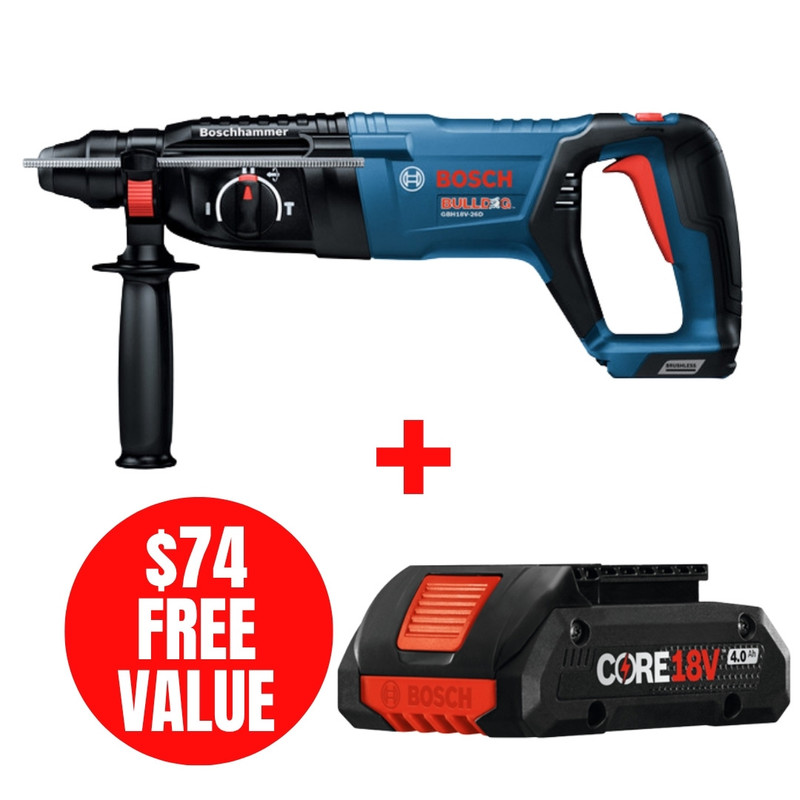 Bosch BOS-GBH18V-26DN-GBA18V40 18V Brushless SDS-plus Bulldog 1in D-Handle Rotary Hammer Bare Tool with Bonus CORE18V 4.0Ah Compact Battery GBA18V40