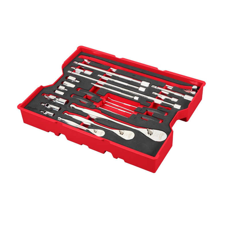 Milwaukee MIL-48-22-0153 23-Piece 1/4in, 3/8in & 1/2in Drive Ratchet & Accessory Set with PACKOUT Drawer Tray