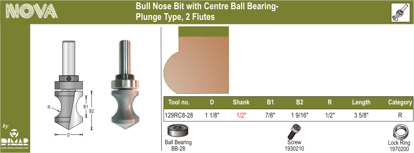 Dimar DIM-129RC8-28 1-1/8in Bull Nose Bit 1/2in Radius