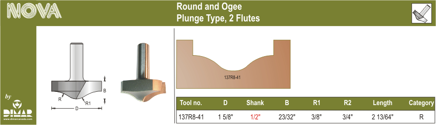 Dimar DIM-137R8-41 Round And Ogee Plunge Type Bit