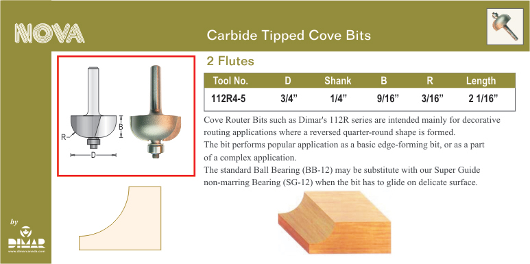 Dimar DIM-112R4-5 Cove Bit; 3/16in Radius