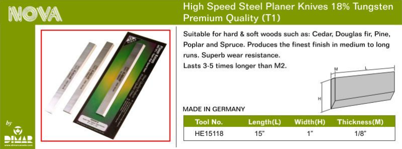 Dimar DIM-HE15118 Planer Blade HSS 18% Knife 15x1x1/8in - Individual Blade