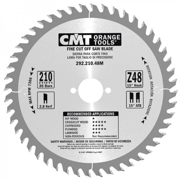 CMT Orange Tools CMT-29221048M  Fine-Cut Circular Saw Blade - 210mm x 30mm Bore - 48-tooth