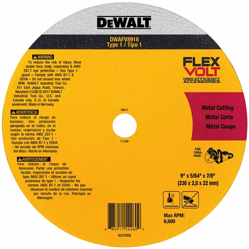 DEWALT DEW-DWAFV8918 FLEXVOLT Ceramic Metal Cutoff Wheel Type 1