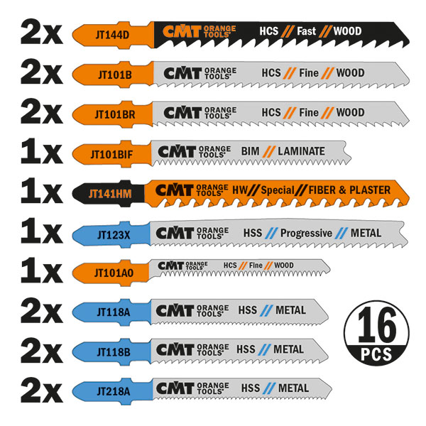 CMT Orange Tools CMT-JT016 Jig Saw Blade 16 piece Assortment