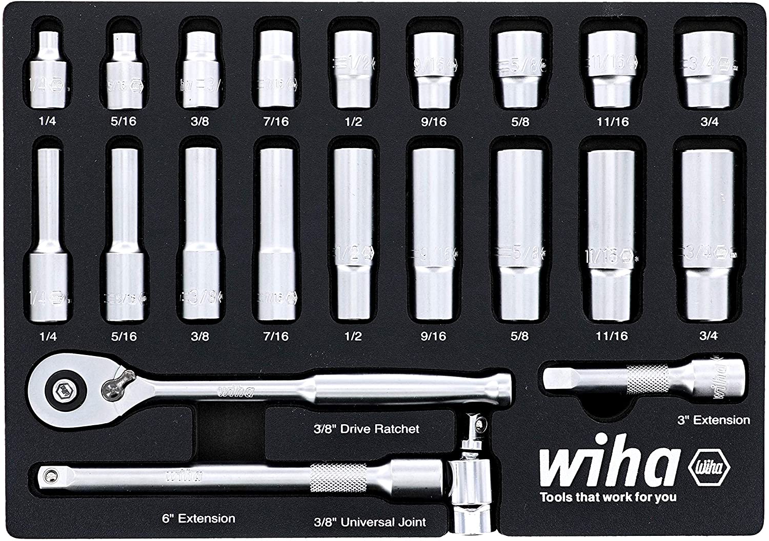 Wiha Tools WIHA-33796 22 pc 3/8in Drive Professional Standard and Deep Socket Foam Laser Cut  Set SAE