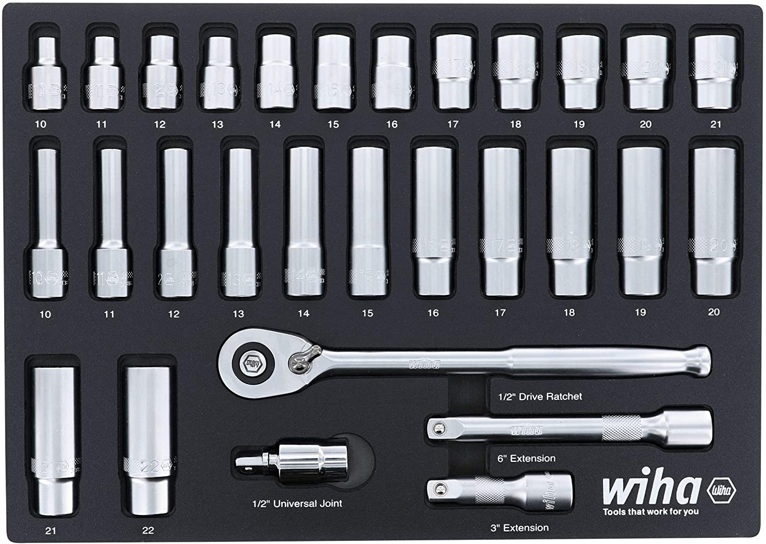 Wiha Tools WIHA-33895 29 pc 1/2in Drive Professional Standard and Deep Socket Foam Laser Cut Set