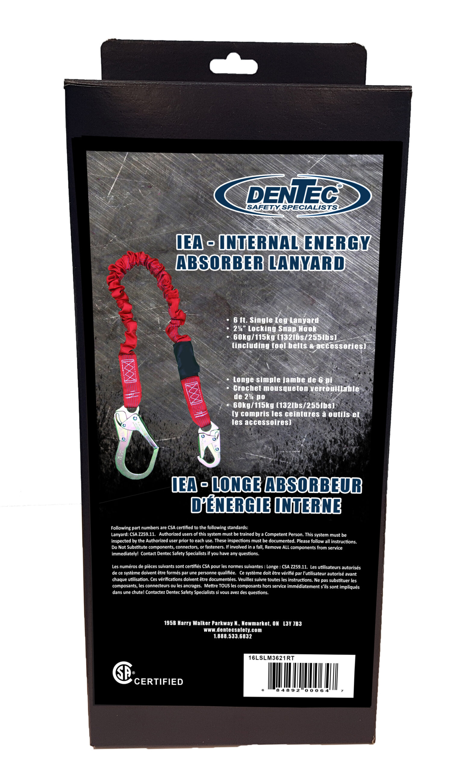 Dentec DEN-16LSLM3621RT 6ft (Internal Energy Absorber) Lanyard With 2-1/4 Hooks