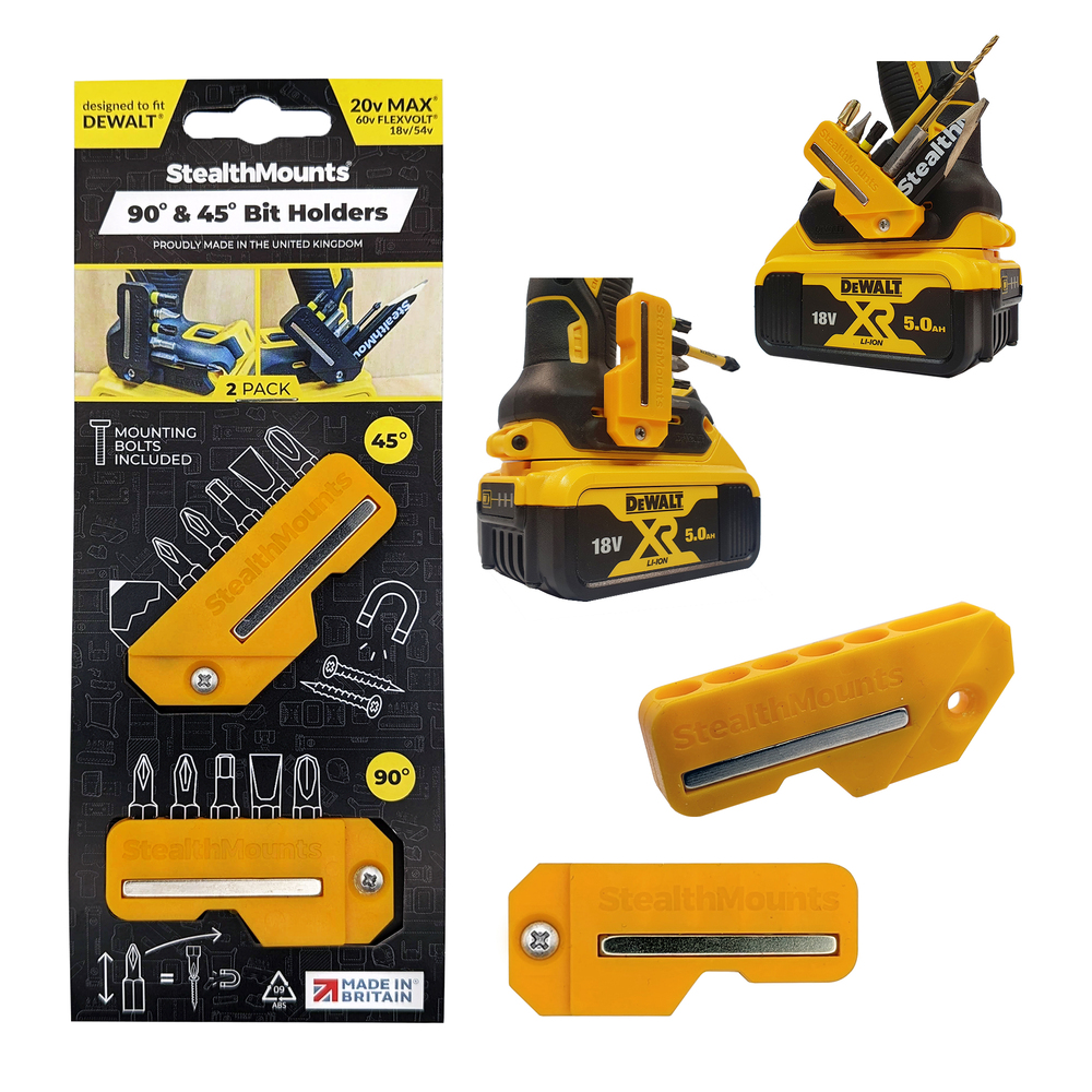 StealthMounts SM-BH-DW-4590-YLW 45Deg & 90Deg Magnetic Bit Holder for Dewalt XR & Flexvolt Tools Yellow 2-Pack