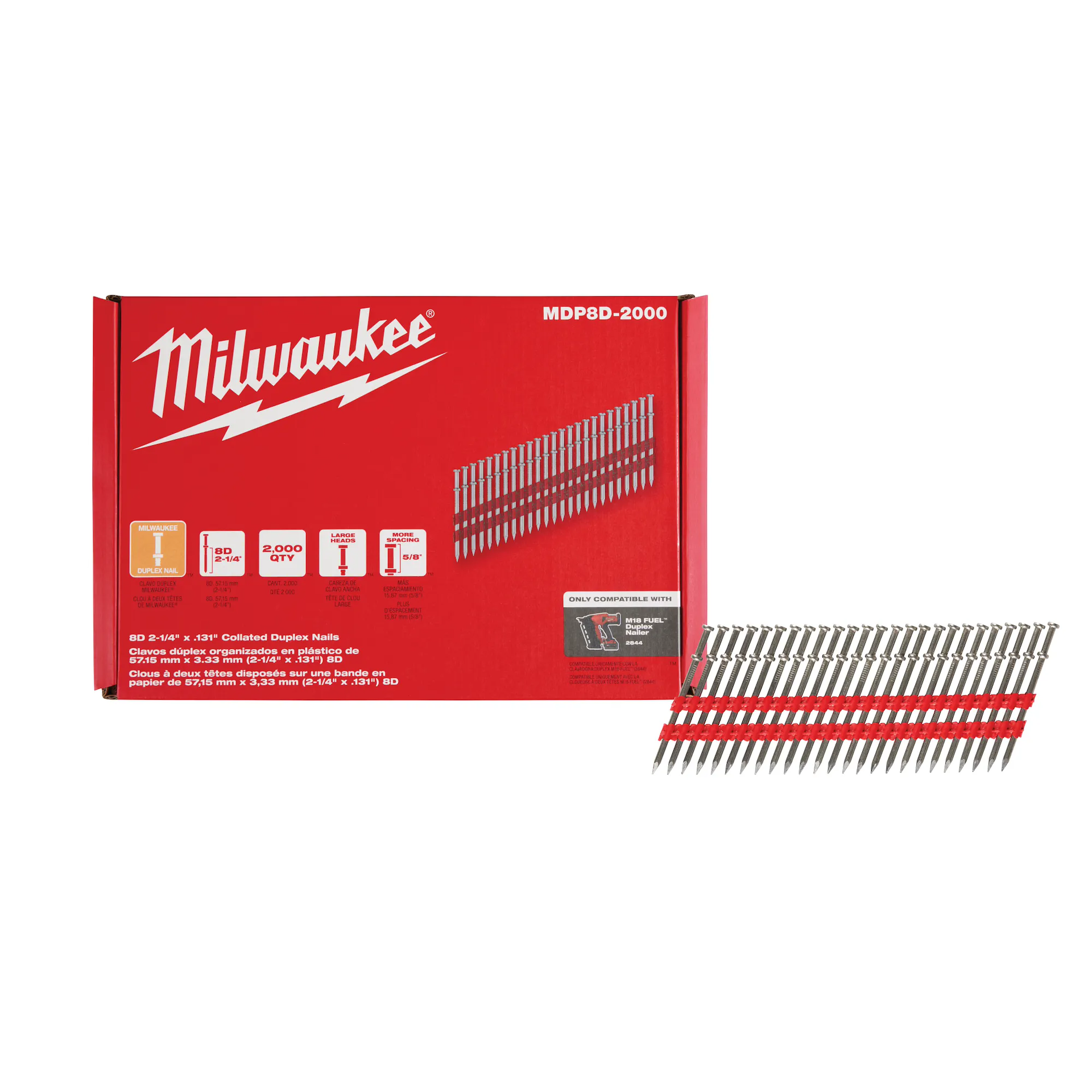 Milwaukee MIL-MDP8D-2000 8D 2-1/4in x .131in Collated Duplex Nails - 2000 Per Box