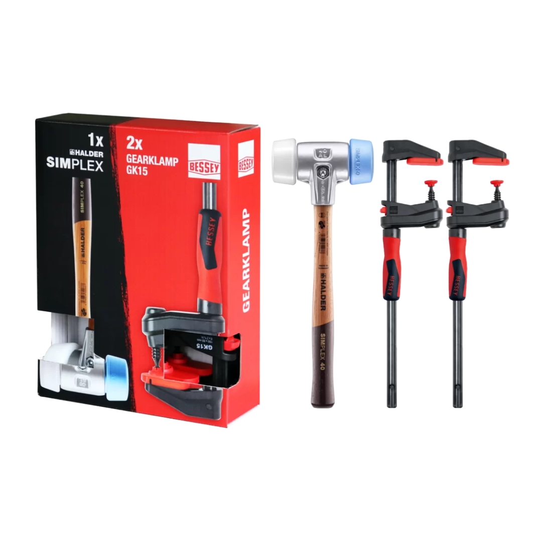 Halder HAL-3117S005 50mm Box Joiner SET Simplex Soft-face Mallet 50:40, TPE-Soft / Superplastic + 2x Bessey Gearklamp