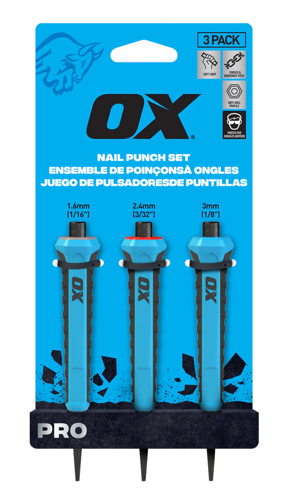OX Tools OX-P095032 OX PRO Nail Punch With Grip 3-pack - 1.6mm, 2.4mm, 3mm