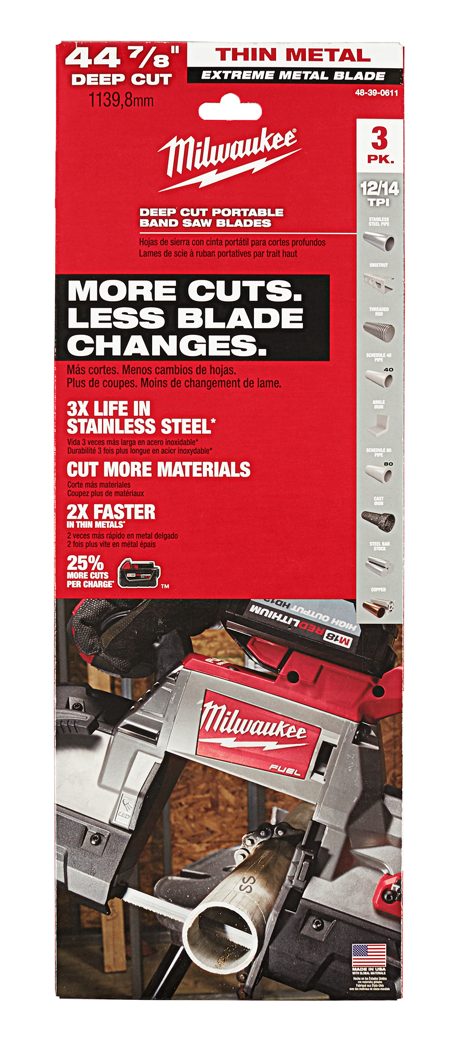 Milwaukee MIL-48-39-0611 Extreme Thin Metal 12/14 TPI Deep Cut Band Saw Blades 3-Pack