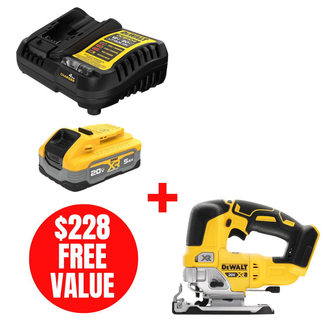 DEWALT DEW-DCBP520C-DCS334B 20V MAX XR 5.0Ah Starter Kit + DCS334B Jigsaw Bare Tool
