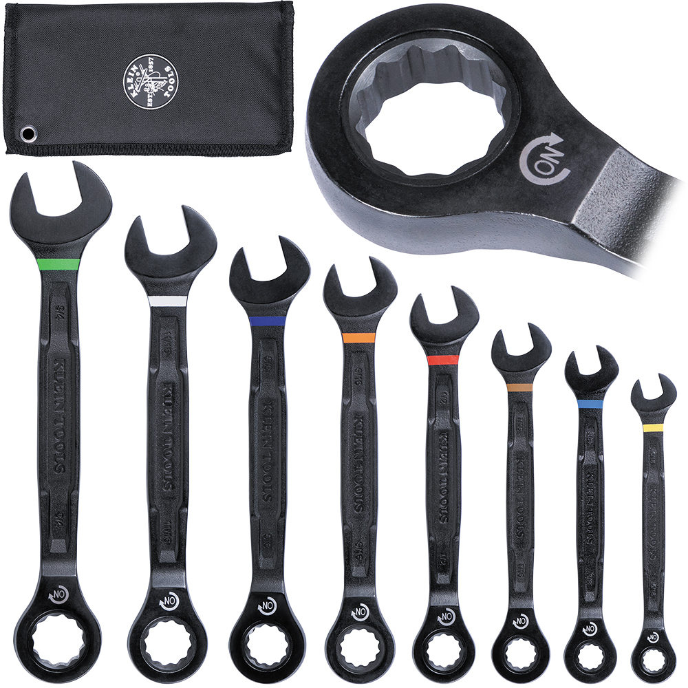 Klein Tools KLE-69408G SAE 90-Tooth Ratcheting Combo Wrench 8 Piece Set
