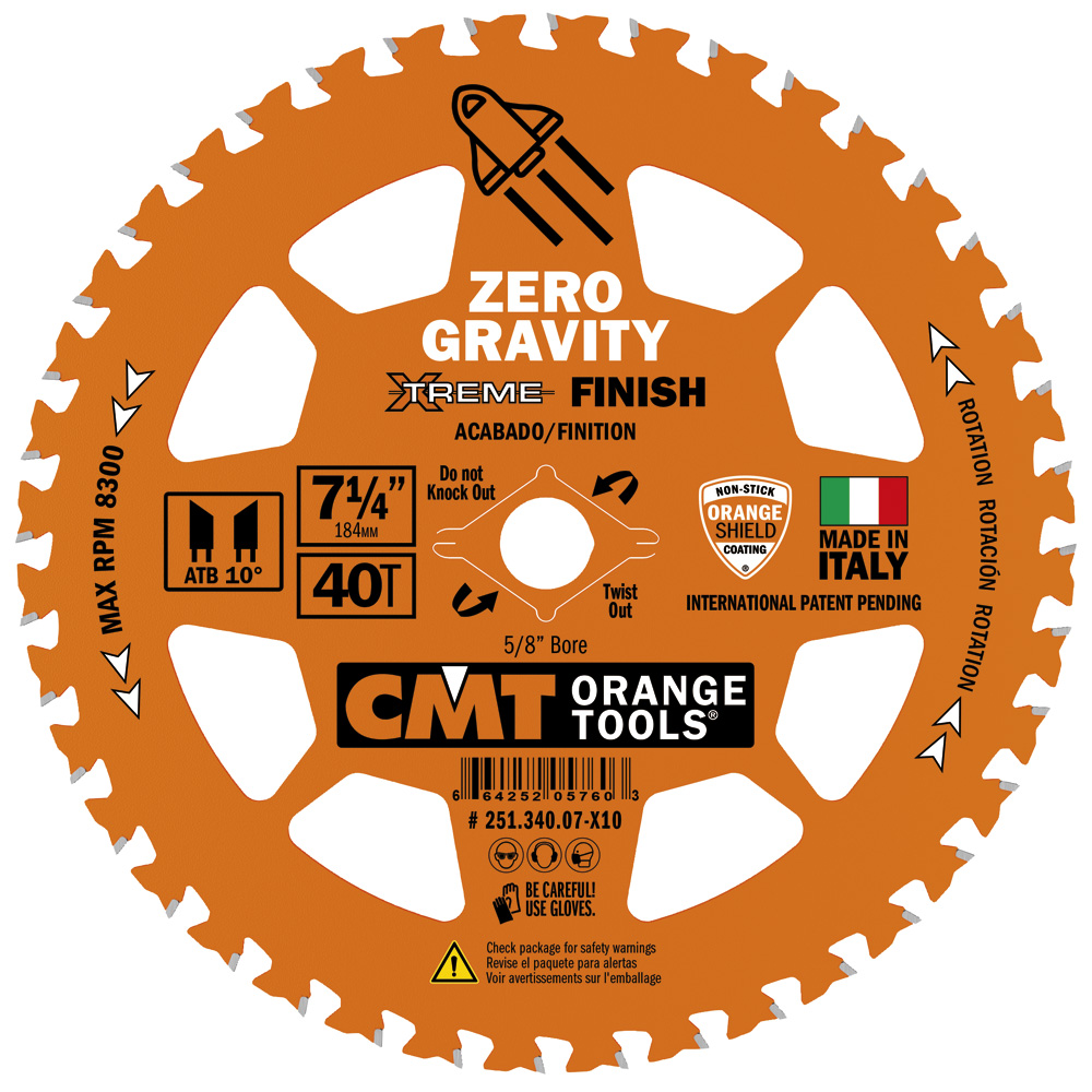 CMT Orange Tools CMT-25134007-X10 7-1/4in x 5/8in 40T ATB Finish Zero Gravity Blade 10 Pack