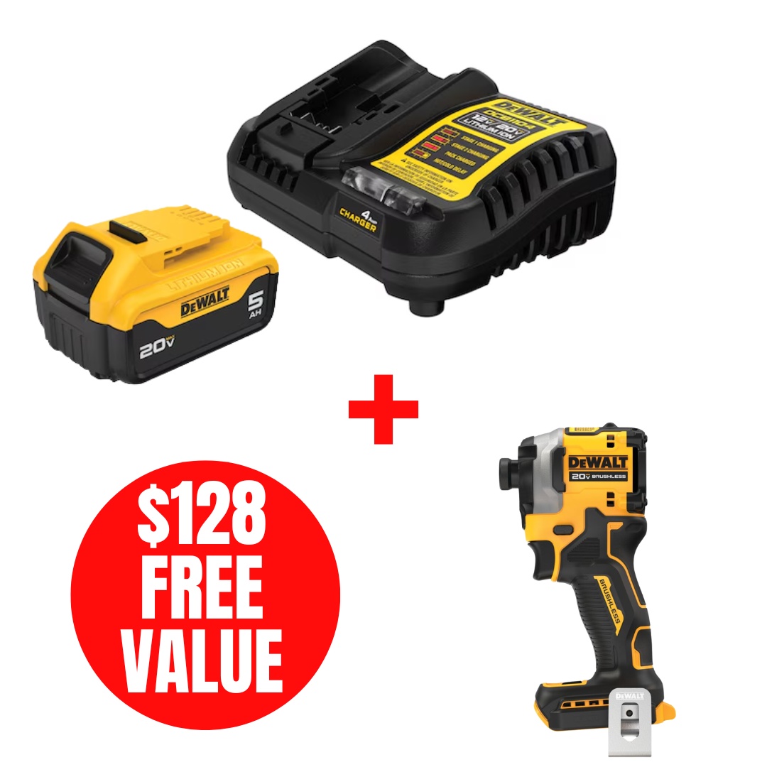 Dewalt DEW-DCB205C-DCF850B 20V MAX XR Lithium-Ion 5.0Ah Battery with Charger + 1/4in Brushless 3-Speed Impact Driver