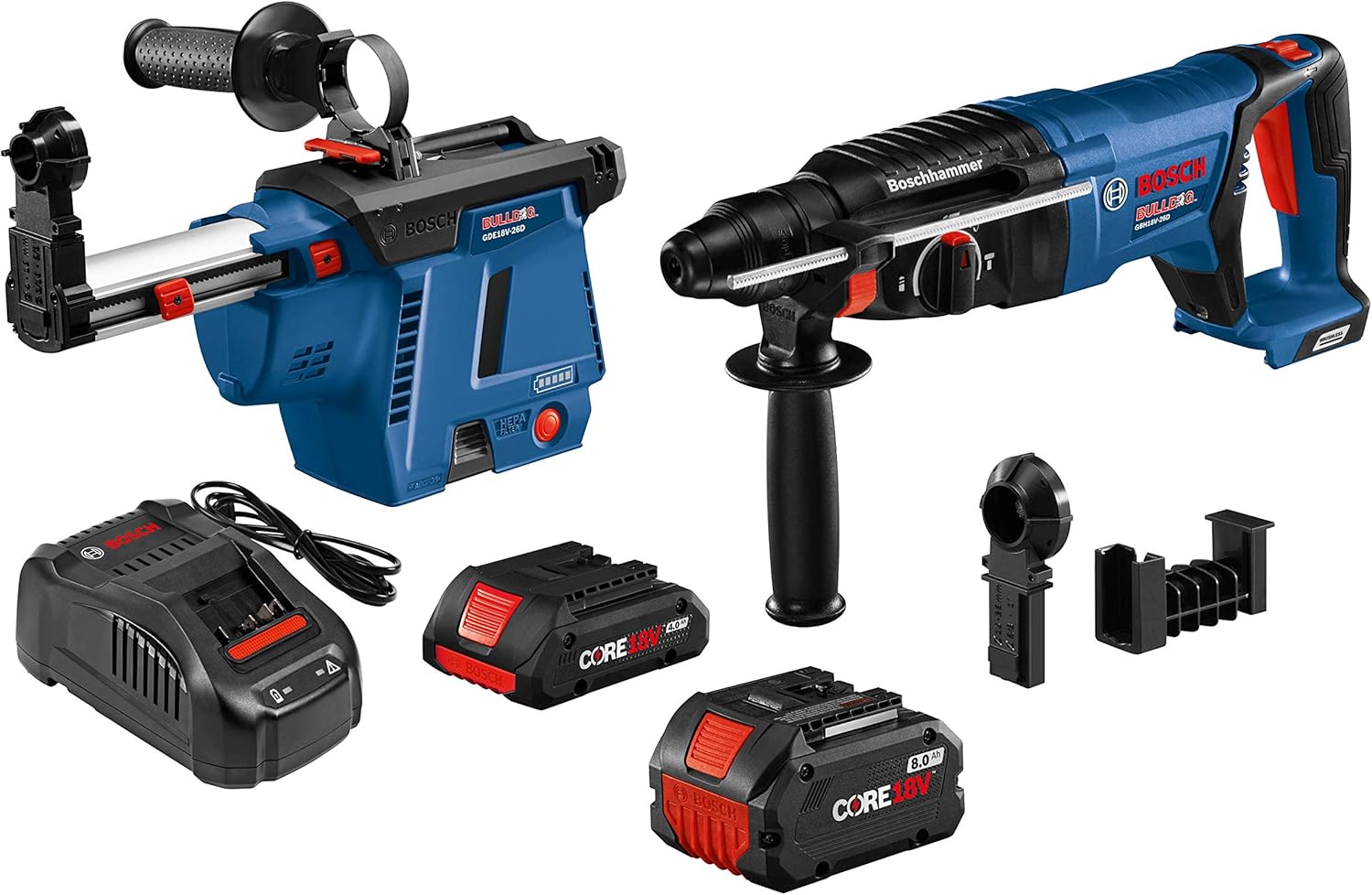 Bosch BOS-GBH18V-26DK26GDE 18V PROFACTOR Brushless 1in SDS-PLUS D-Handle Rotary Hammer & Dust Extractor 4.0Ah+8.0Ah Kit