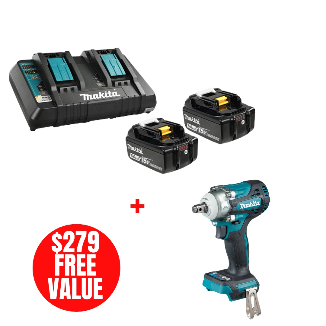 Makita MAK-Y-00359-DTW300XVZ DC18RD Dual Charger + 2x 5.0Ah Batteries with 18V 1/2in Cordless Impact Wrench