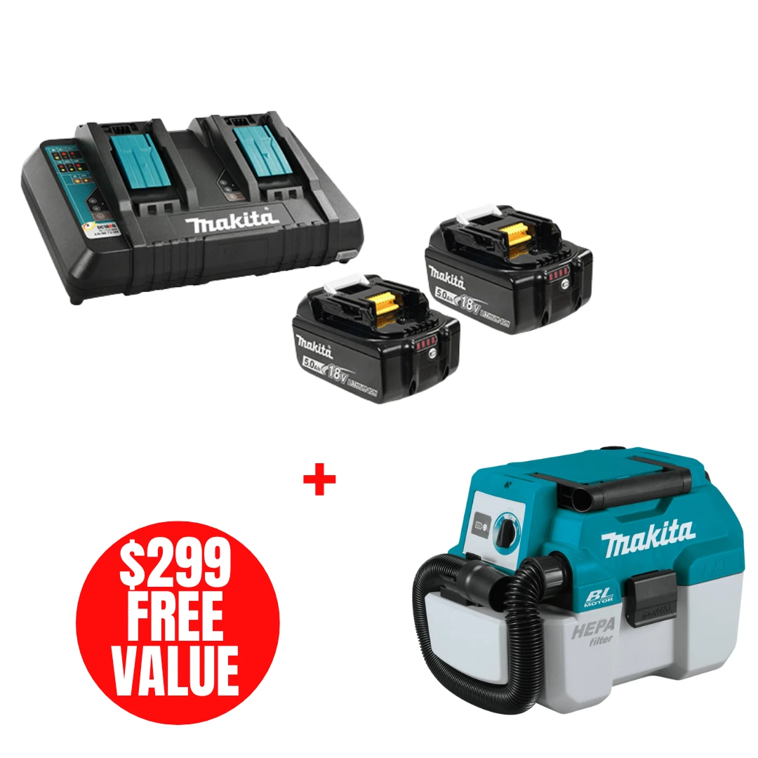 Makita MAK-Y-00359-DVC750LZ Dual Charger + 2x 5.0Ah Batteries with 18V LXT 2-Gallon HEPA Wet / Dry Dust Extractor Vacuum