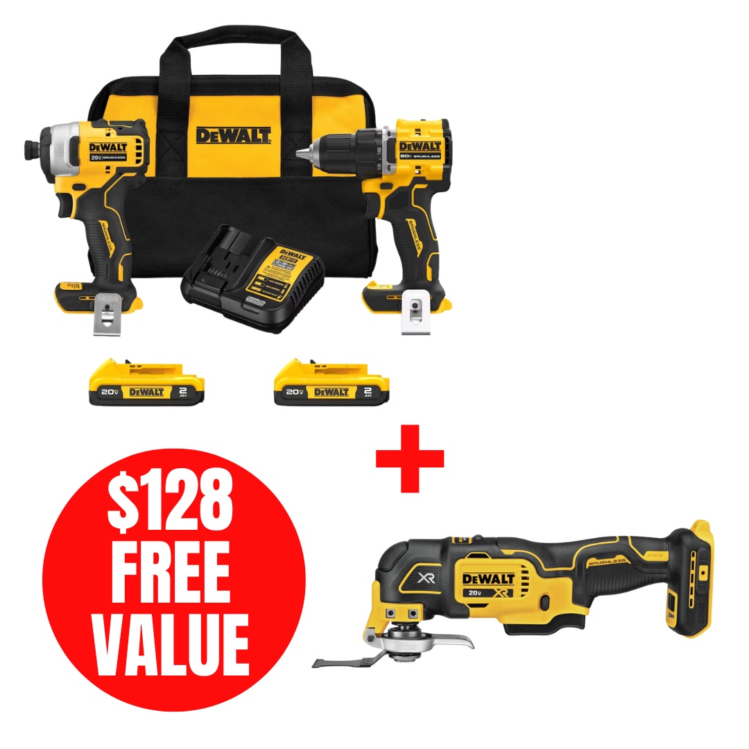 DEWALT DEW-DCK225D2-DCS356B 20V MAX ATOMIC Brushless Compact 1/2in Drill Driver and Impact Driver 2-Tool Combo Kit + Oscillating Multi-Tool