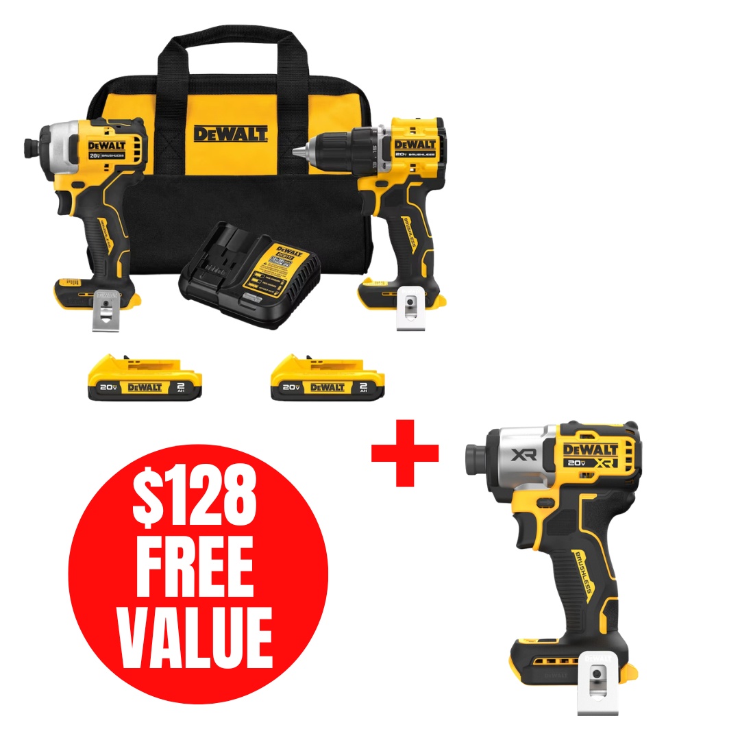 DEWALT DEW-DCK225D2-DCF845B 20V MAX ATOMIC Brushless Compact 1/2in Drill Driver and Impact Driver 2-Tool Combo Kit 1/4in 3-Speed Impact Driver
