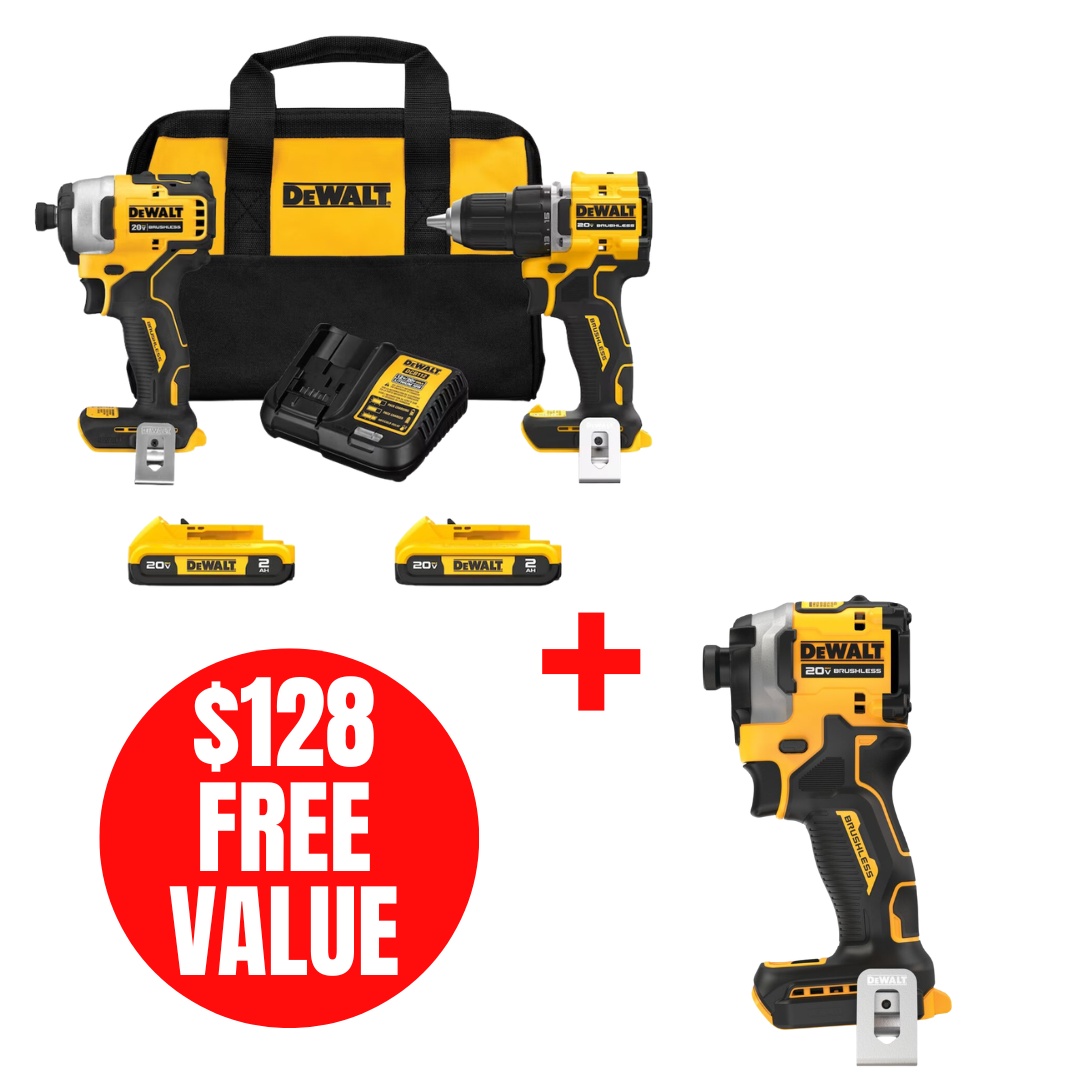 DEWALT DEW-DCK225D2-DCF850B 20V MAX ATOMIC Brushless Compact 1/2in Drill Driver and Impact Driver 2-Tool Combo Kit + 1/4in Brushless 3-Speed Impact Driver