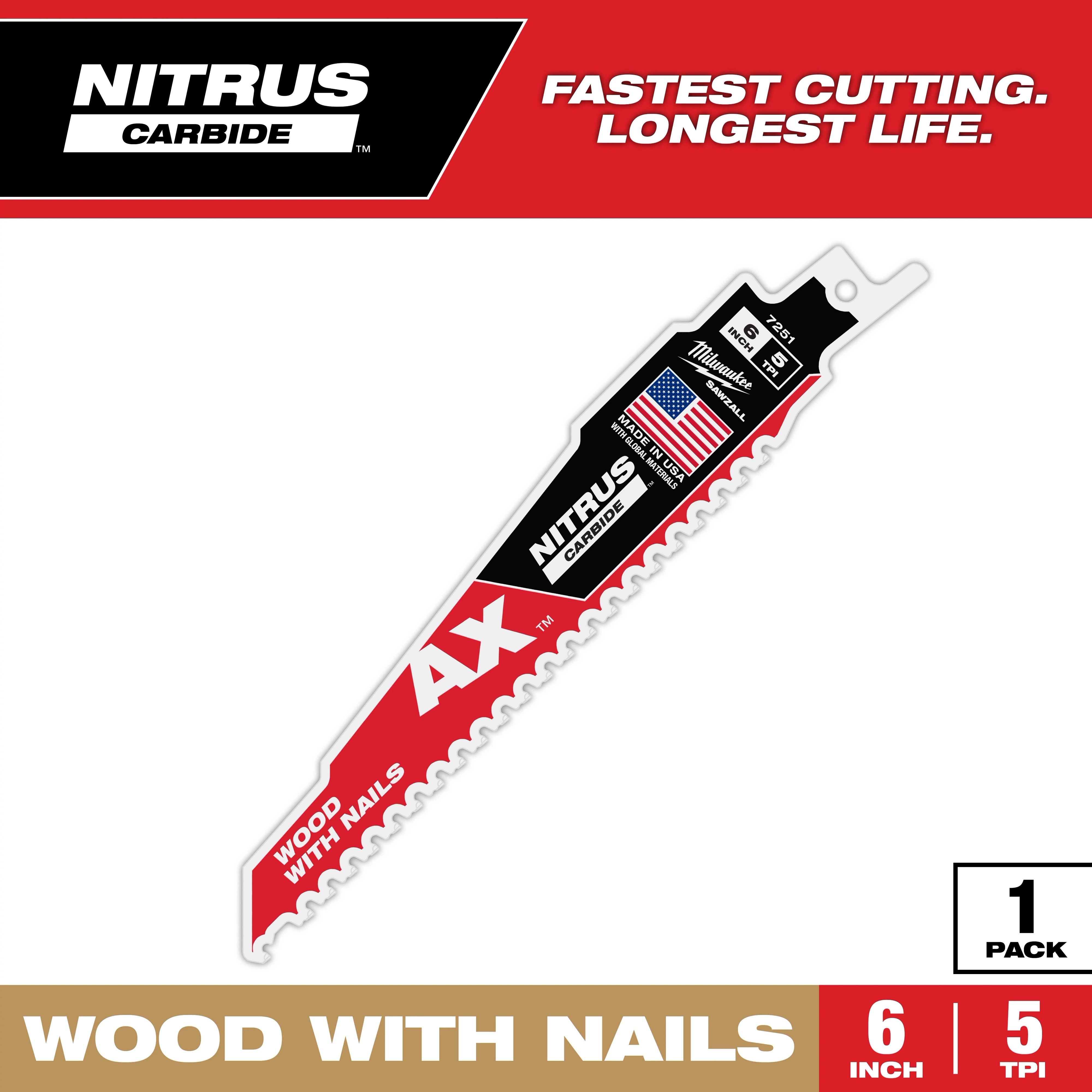 Milwaukee MIL-48-00-7251 6in 5TPI AX with NITRUS Carbide Teeth SAWZALL Blade for Wood with Nails