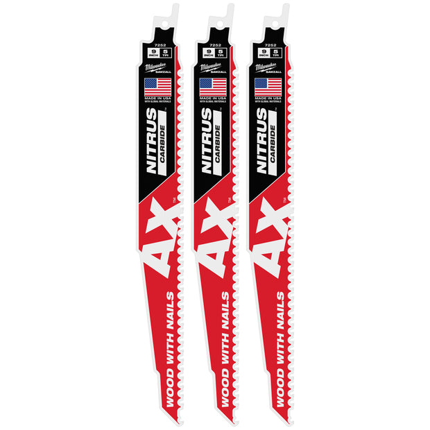 Milwaukee MIL-48-00-7352 9in 5 TPI AX w/NITRUS Carbide Teeth SAWZALL Blade for Wood with Nails 3-Pack