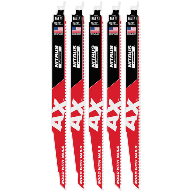 Milwaukee MIL-48-00-7553 12in 5TPI AX w/NITRUS Carbide Teeth SAWZALL Blade for Wood with Nails 5pk