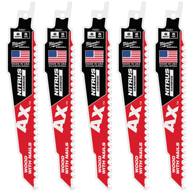 Milwaukee MIL-48-00-7551 6in 5 TPI AX w/NITRUS Carbide Teeth SAWZALL Blade for Wood with Nails 5PK