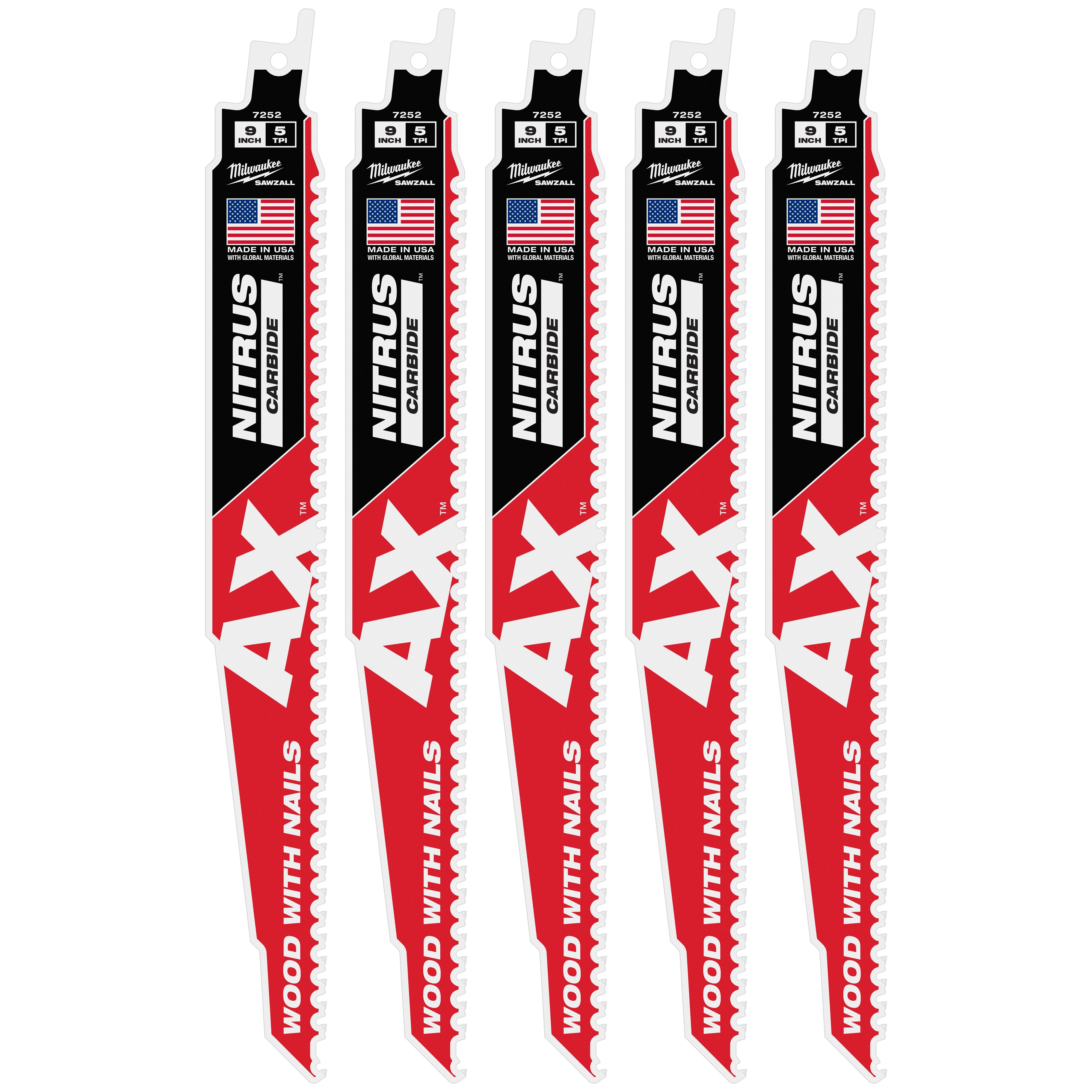 Milwaukee MIL-48-00-7552 9in 5 TPI AX w/NITRUS Carbide Teeth SAWZALL Blade for Wood with Nails 5pk