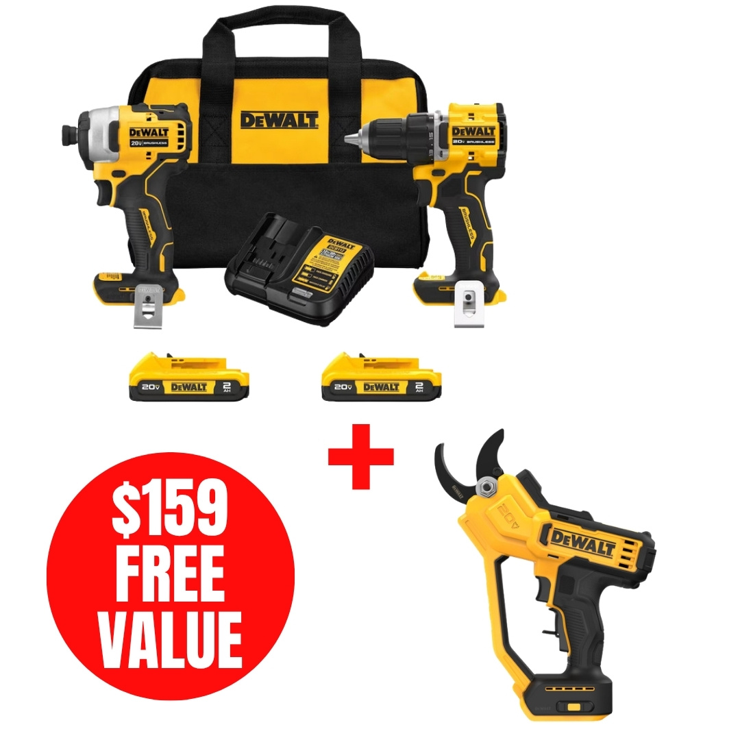 DEW-DCK225D2-DCPR320B 20V MAX ATOMIC Brushless Compact 1/2in Drill Driver and Impact Driver 2-Tool Combo Kit + 20V MAX  1-1/2in Pruner Bare Tool