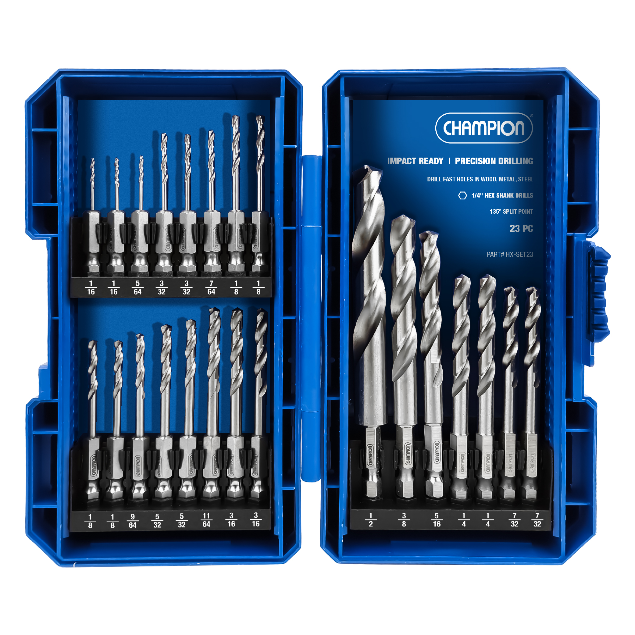 Champion CHAMP-HX-SET23 Hex Shank Drill Bit Set Impact Ready 1/4in 23-Piece