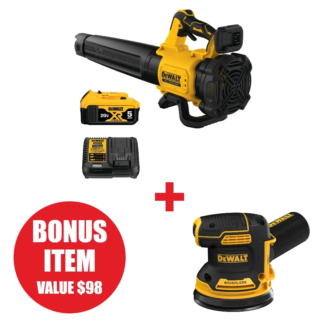 DEWALT DEW-DCBL722P1-DCW210B 20V MAX XR Brushless Handheld Blower 5.0Ah Kit + 20V MAX XR Brushless 5in Random Orbital Sander Bare Tool