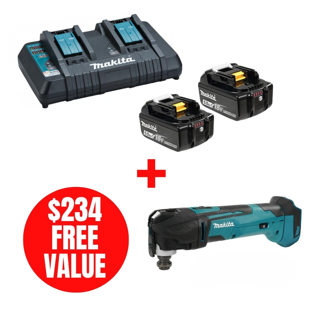 Makita MAK-Y-00359-DTM51Z DC18RD Dual Charger 2x 5.0Ah Starter Kit + 18V LXT DTM51Z Oscillating Multi-Tool Bare Tool