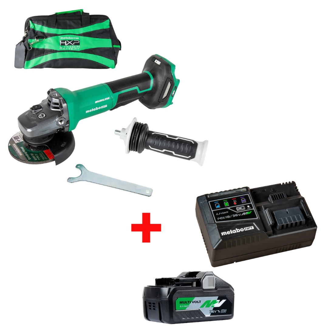 Metabo HPT HPT-G3613DVFQ6M-UC18YSL3QCYM G3613DVFQ6M 36V MultiVolt Brushless 4-1/2in - 5in Variable Speed Paddle Switch Angle Grinder + Starter Kit