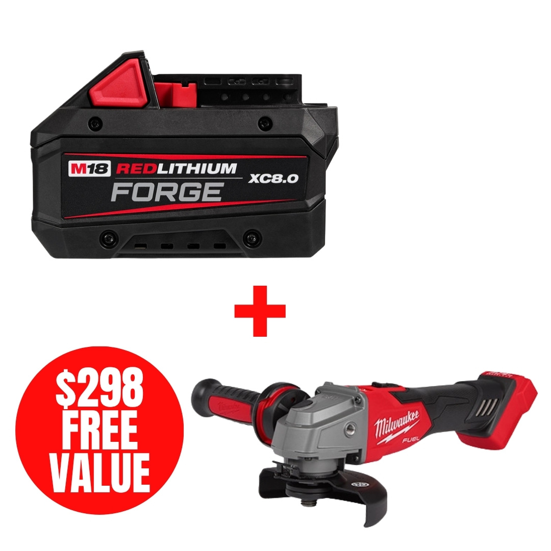 Milwaukee MIL-48-11-1881-2881-20 M18 REDLITHIUM FORGE XC8.0 Battery + BONUS M18 FUEL 4-1/2in/5in Grinder Slide Switch Lock-On