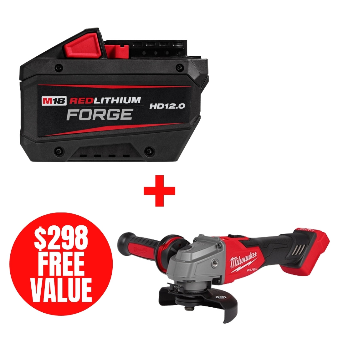 Milwaukee MIL-48-11-1813-2881-20 M18 REDLITHIUM FORGE HD12.0 Battery + BONUS M18 FUEL 4-1/2in/5in Grinder Slide Switch Lock-On