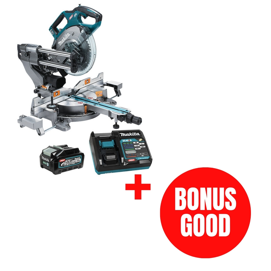 Makita MAK-LS002GM102-JL26PROMO 40V MAX 8-1/2in Dual Bevel Sliding Compound Miter Saw 4.0Ah Kit + Bonus