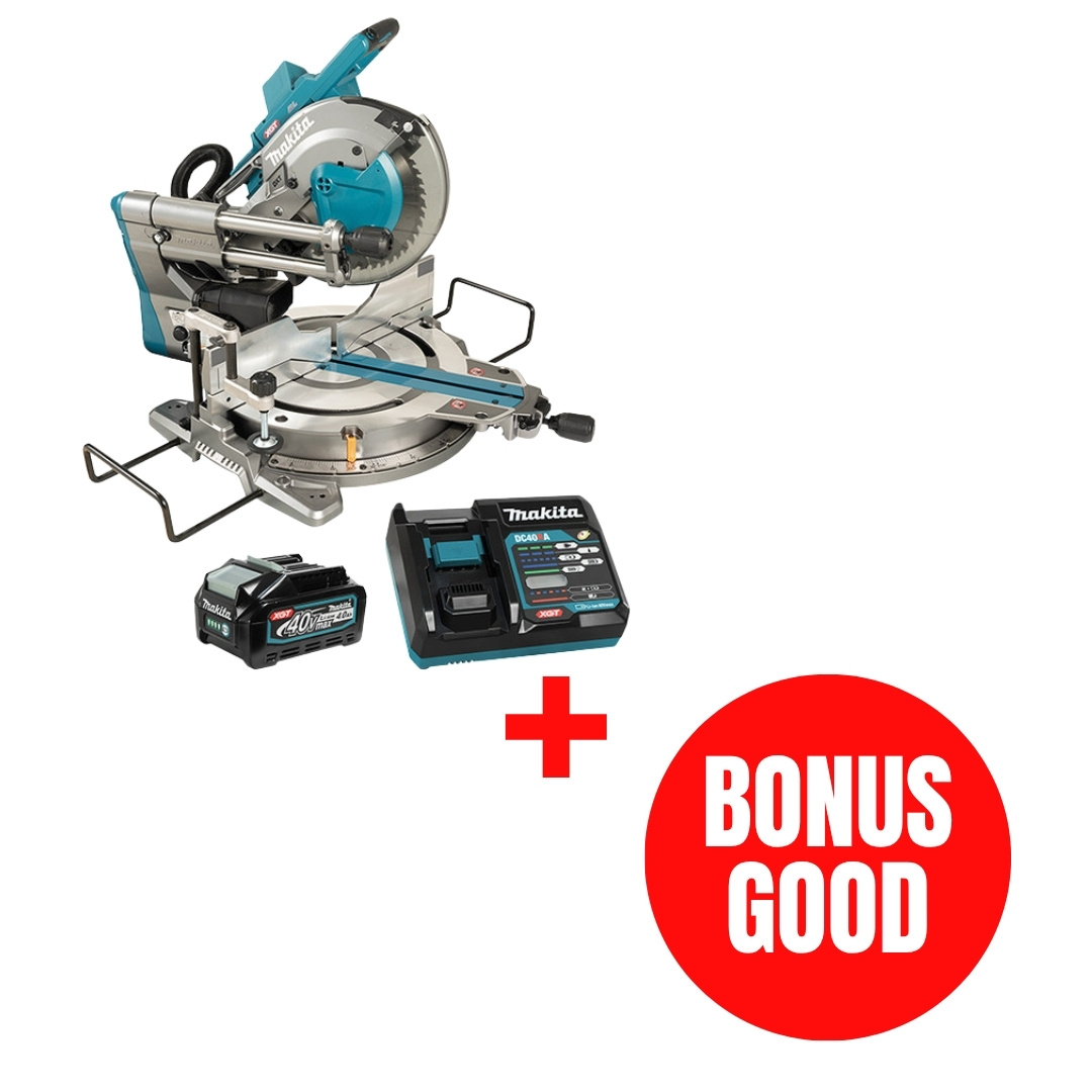 Makita MAK-LS004GM102-JL26PROMO 40V MAX 10in Dual Bevel Sliding Compound Miter Saw 4.0Ah Kit + Bonus