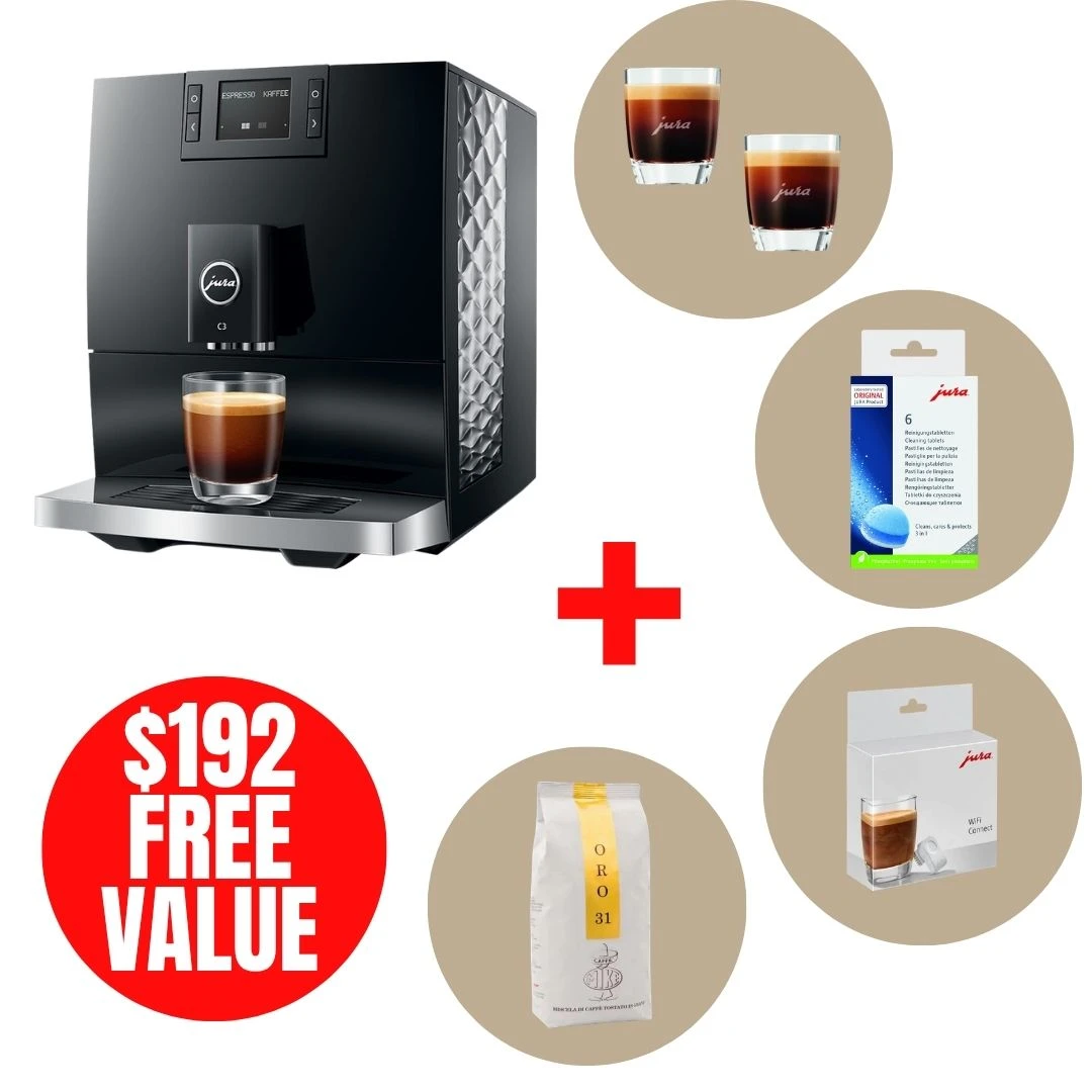 JURA JUR-J01-15711-71451-24224-24323-MIK-M05-001OR C3 Piano Black Automatic Coffee Machine with Crystal Espresso Glasses, 3-Phase Cleaning Tablets, Wi-Fi Connect V2 & Mike ORO 1kg Coffee