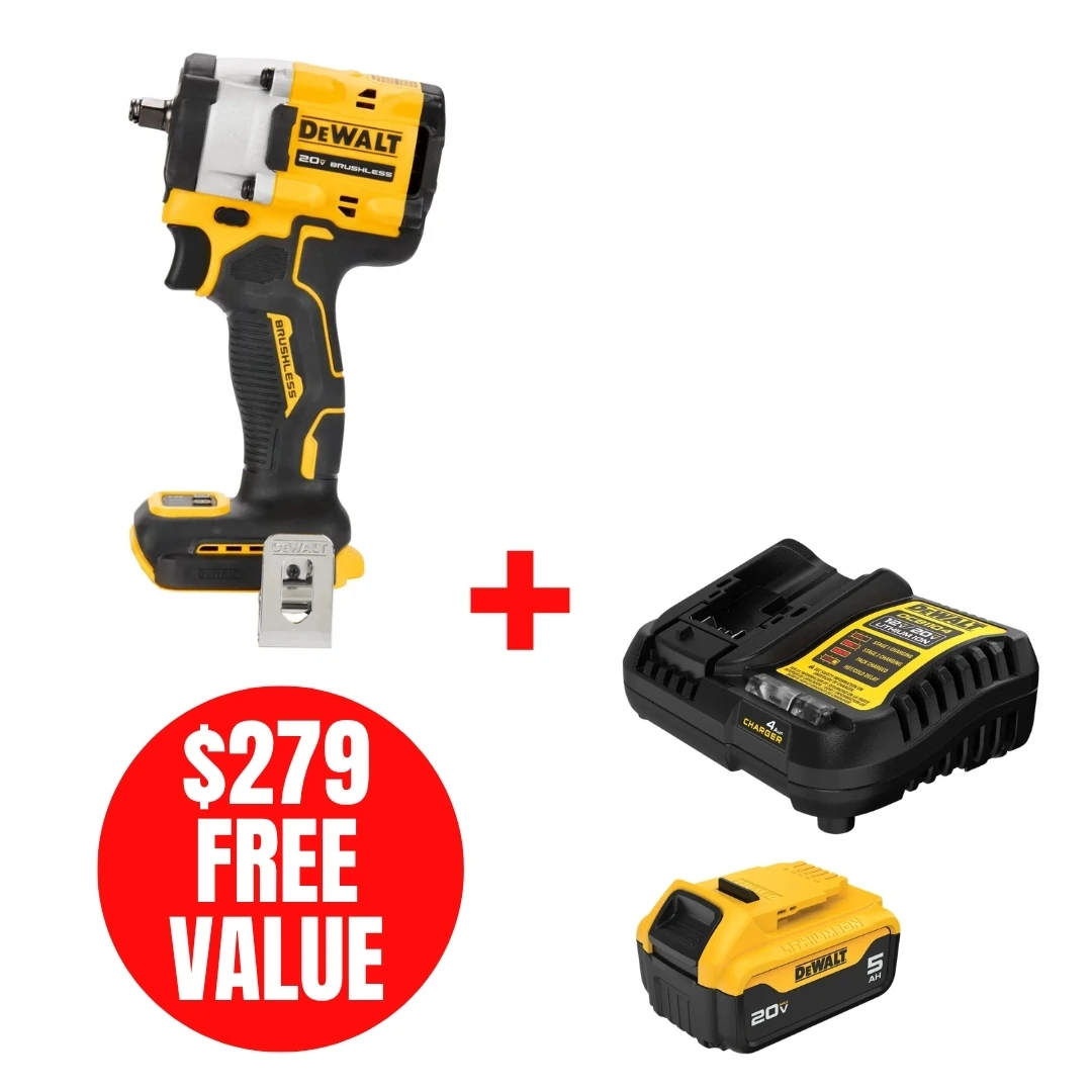 DEWALT DEW-DCF923B-DCB205C ATOMIC 20V MAX Brushless 3/8in Impact Wrench Hog Ring + 5.0Ah Starter Kit