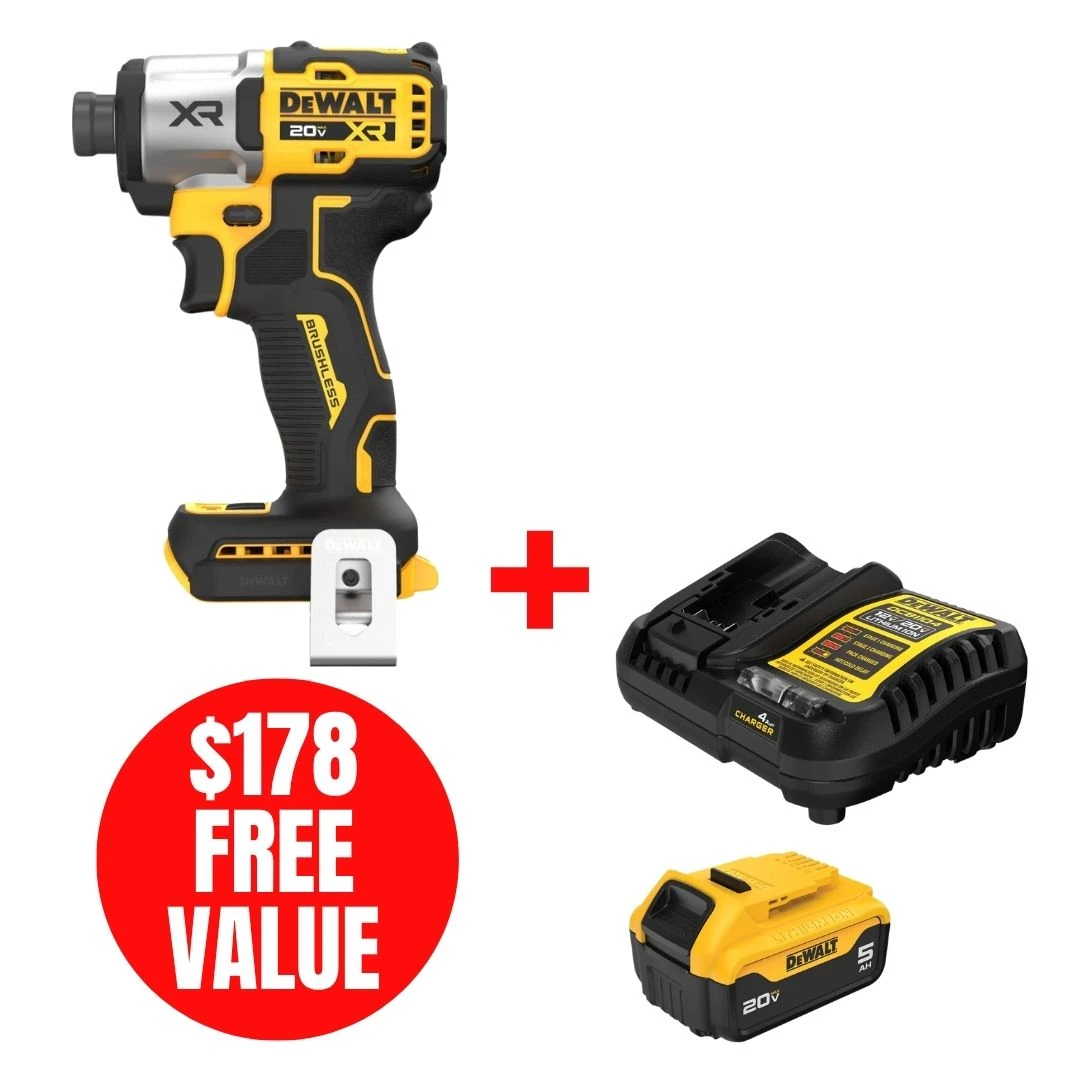 DEWALT DEW-DCF845B-DCB205C 20V MAX XR Brushless 1/4in 3-Speed Impact Driver + 5.0Ah Starter Kit