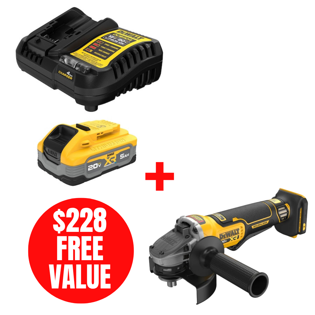DEWALT DEW-DCBP520C-DCG410B 20V MAX XR 5.0Ah Starter Kit + DCG410B Angle Grinder Bare Tool