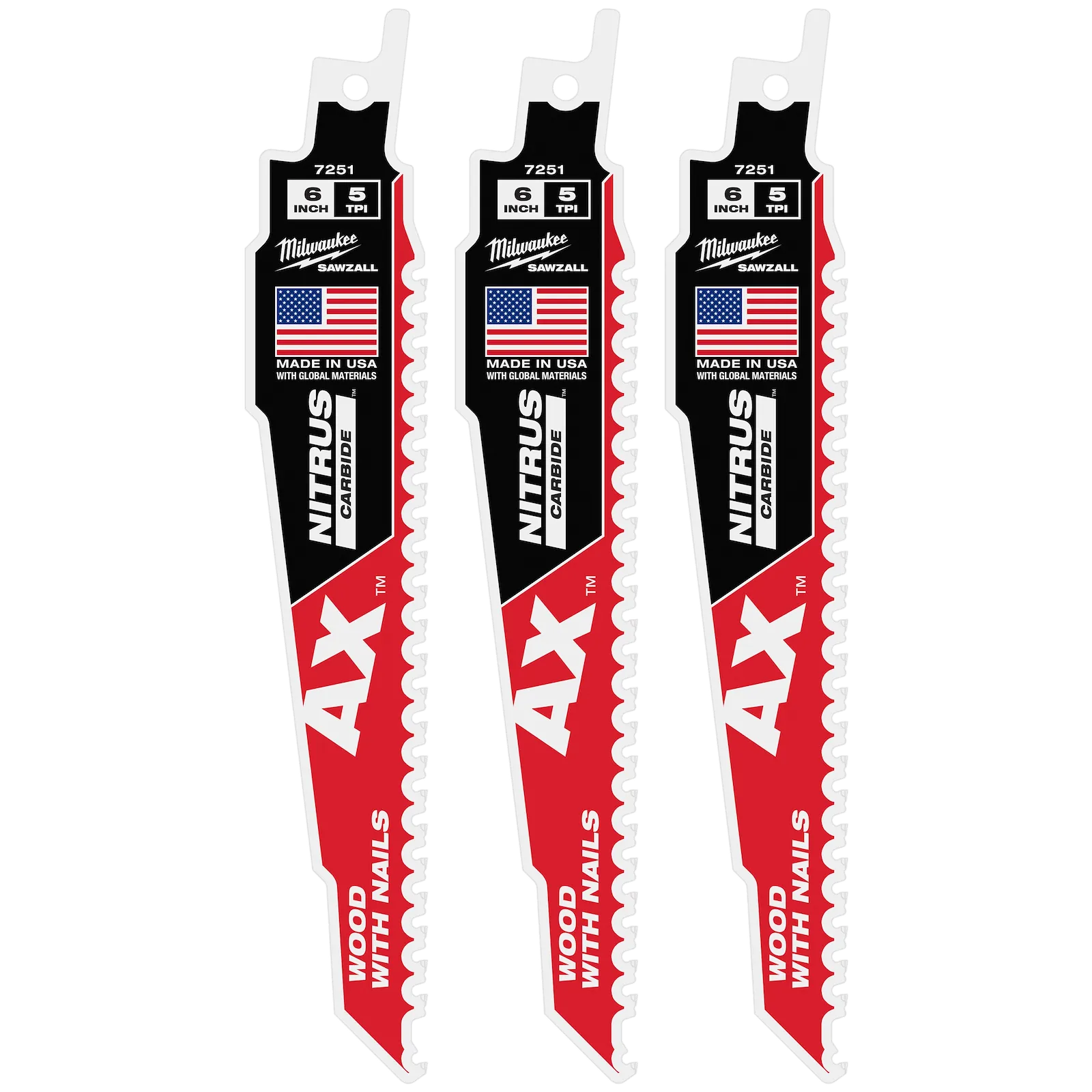 Milwaukee MIL-48-00-7351CAN 6in 5TPI AX with NITRUS Carbide Teeth SAWZALL Blade for Wood with Nails 3-Pack
