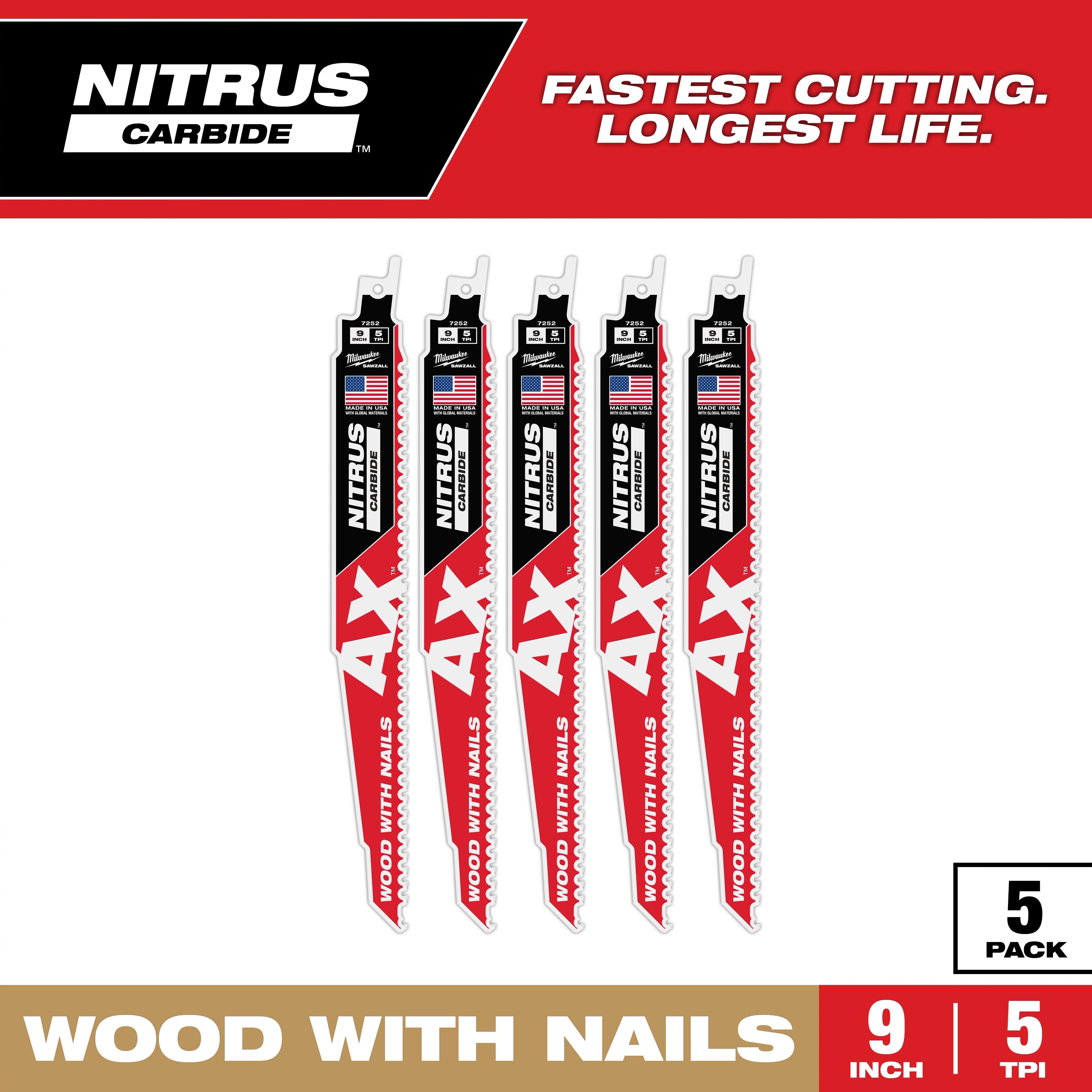 Milwaukee MIL-48-00-7552CAN 9in 5TPI AX with NITRUS Carbide Teeth SAWZALL Blade for Wood with Nails 5pk