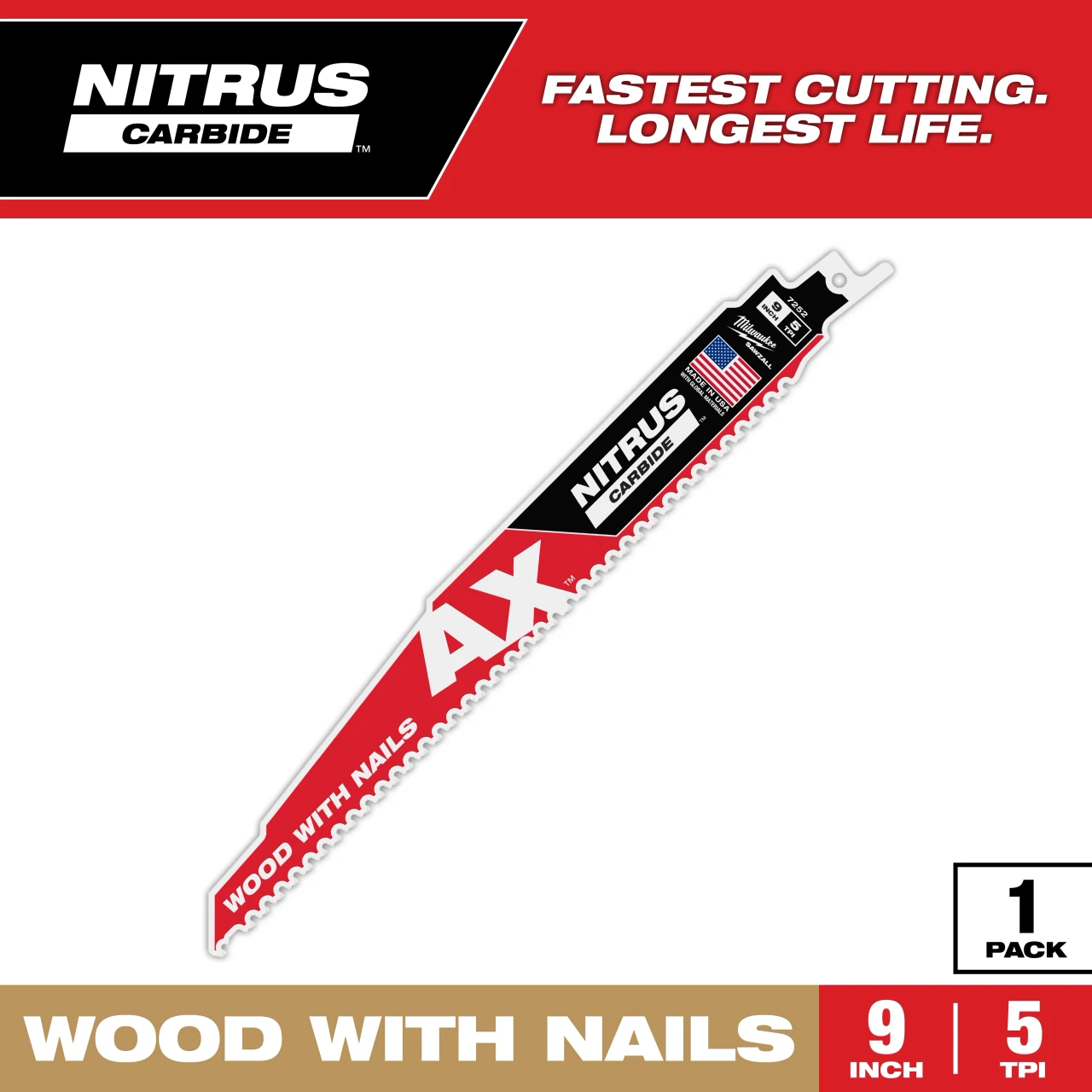 Milwaukee MIL-48-00-7252CAN 9in 5TPI AX with NITRUS Carbide Teeth SAWZALL Blade for Wood with Nails