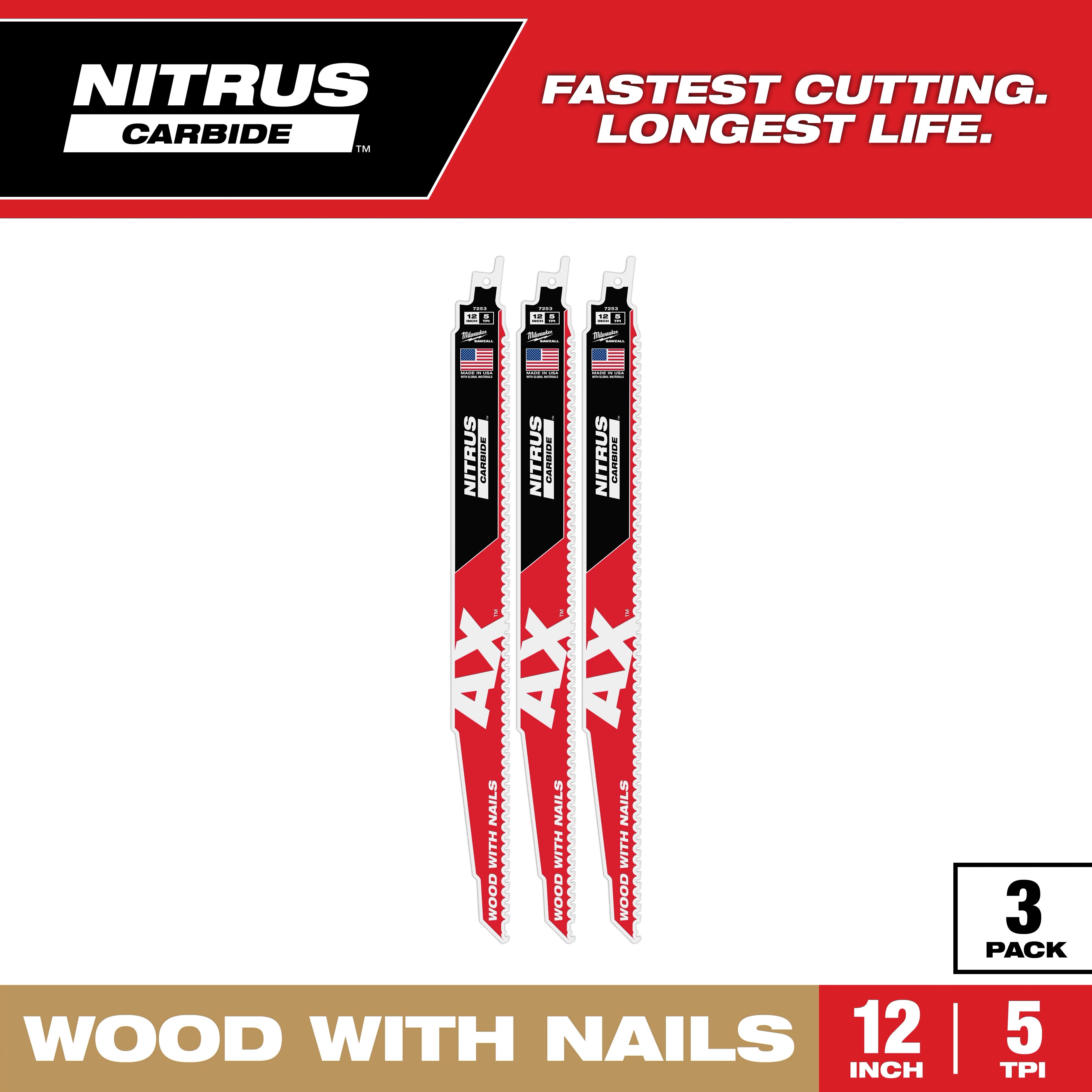 Milwaukee MIL-48-00-7353CAN 12in 5TPI AX with NITRUS Carbide Teeth SAWZALL Blade for Wood with Nails 3PK